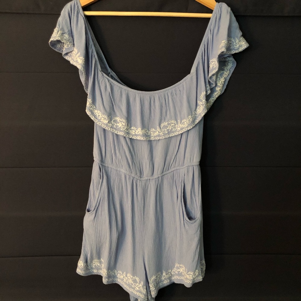 Blue Rain Off the Shoulder Romper